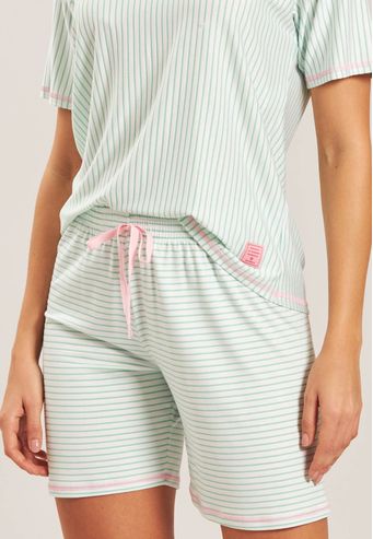 Pijama Curto Com Meia Coxa de Viscose Listrada Baunilha