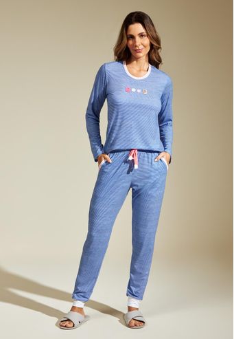 Pijama Recco Longo de Malha Stretch Listrada
