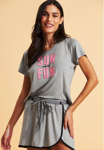 Pijama Recco Curto e Shorts Saia de Viscose Stretch