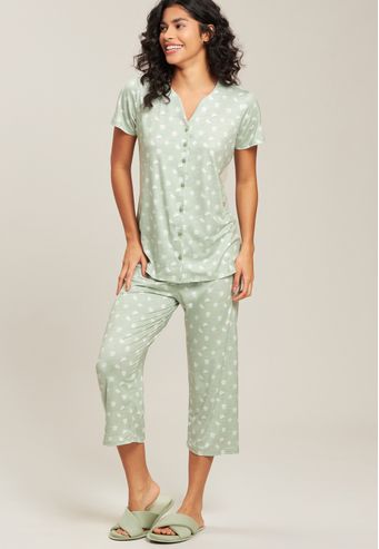 Pijama Baunilha Aberto Com Capri de Algodão