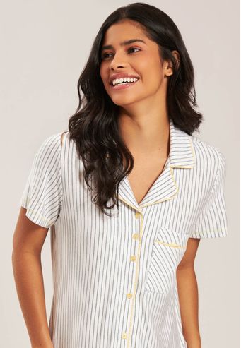 Camisão Aberto Curto de Viscose Listrada Baunilha