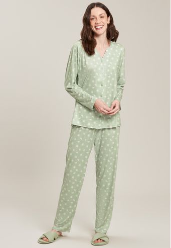 Pijama Baunilha Longo Aberto de Algodão Digital