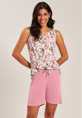 Pijama Regata Com Meia Coxa De Microfibra Baunilha