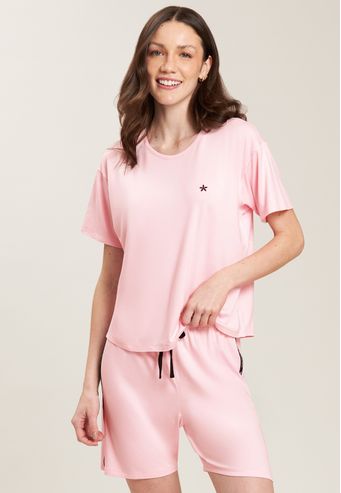 Pijama Baunilha Manga Curta Com Meia Coxa de Viscose Stretch