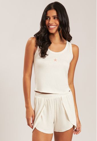 Pijama Regata Com Shorts de Viscose Canelada Baunilha