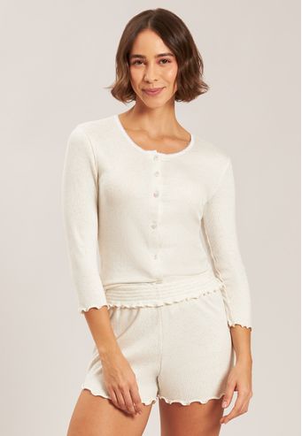 Pijama Manga Longa Com Shorts de Viscose Canelado Baunilha