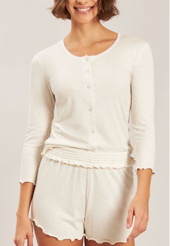 Pijama Manga Longa Com Shorts de Viscose Canelado Baunilha