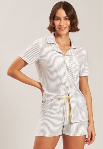Pijama Aberto Curto de Viscose Listrada Baunilha