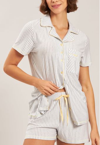 Pijama Aberto Curto de Viscose Listrada Baunilha